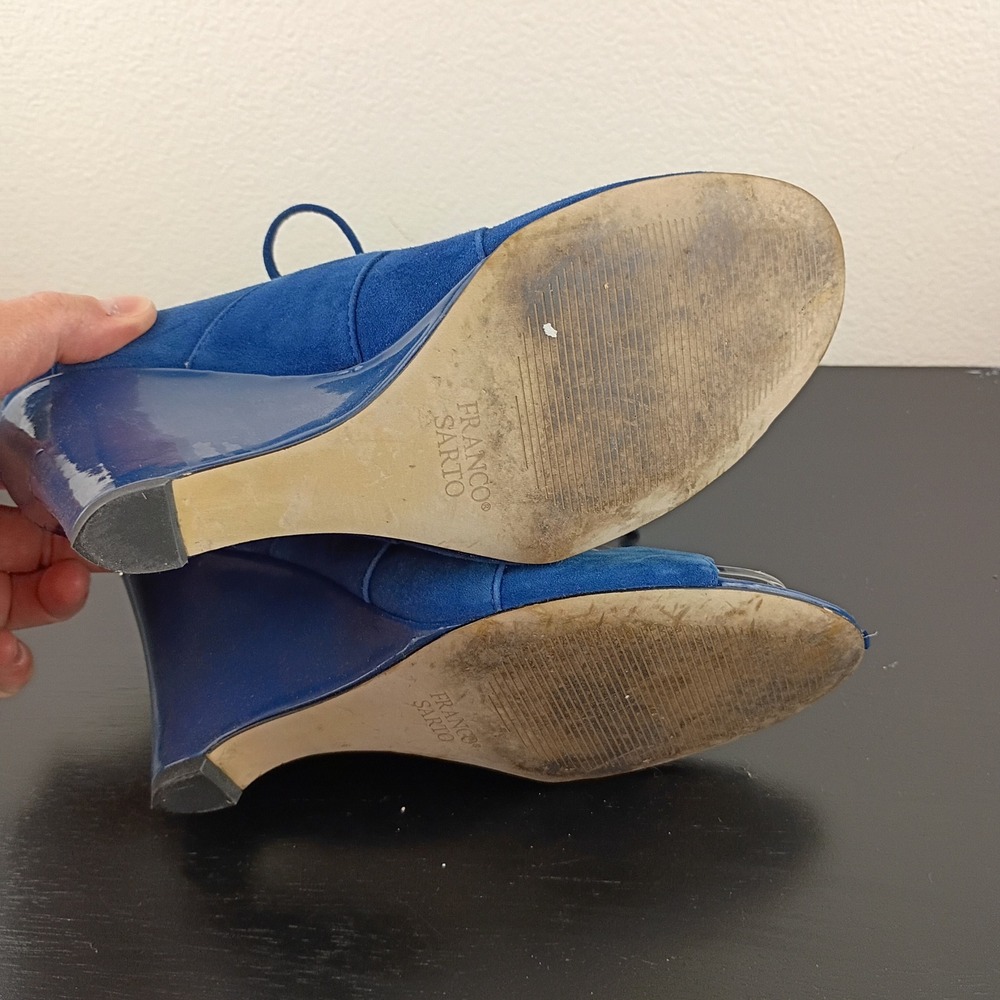 Franco Sarto Deco Blue Suede Lace Up Peep Toe Wedge Sandals Shoes Womens 7.5M - Picture 7 of 12